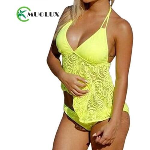 Halter Two Piece Tankini Plus Size Swimwear Women Brazilian Push Up Backless Swimsuit 2020 Lace Mesh Bikini Big Size BathingSuit