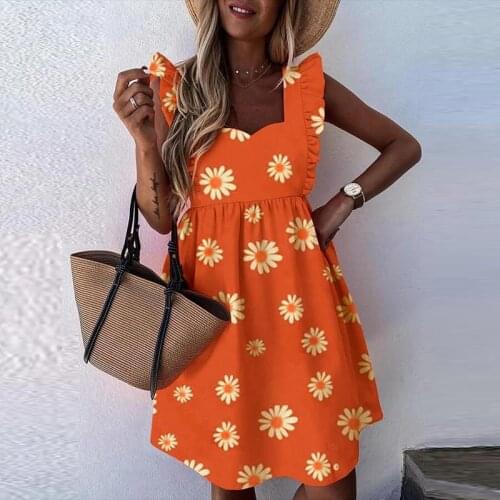 Square Neck Printed Fashion Big Swing Dress Butterfly Sleeve A-Line Mini Dresses For Ladies Sleeveless Women Casual Short