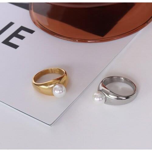 Fashion Gold Color Stainless Steel Rings For Women Finger Jewelry, Minimalist Woman Simulated Pearl Ring Accessories