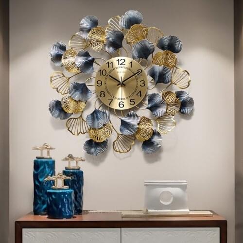 New Chinese Wrought Iron Ginkgo Biloba Wall Clock Ornaments Home Livingroom Hotel Quartz Clock Wall Hanging Decoration Crafts