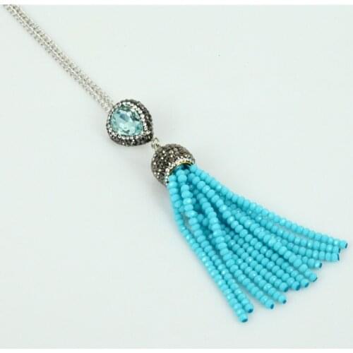 Bohemia style charm tassel pendant necklace statement beads tassel with rhinestone cap and crystal accessories women necklace
