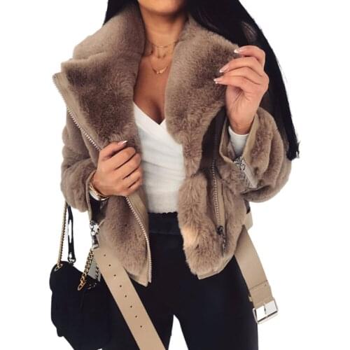 Faux Fur Overcoat Casual Slim Short Jackets Tops Winter Zipper Belt Lace Up Women Outerwear Fashion New Warm Coats Lady 2021