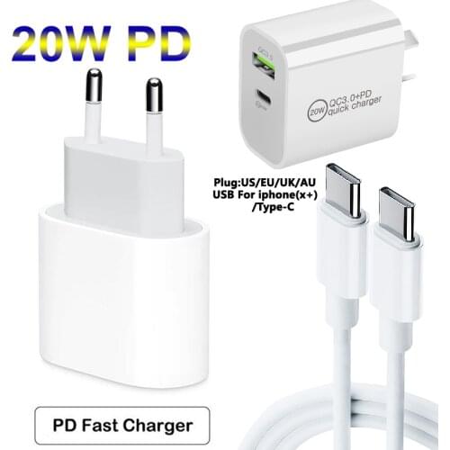 PD QC3.0 USB+FOR Type-C QUICK CHARGER phone charge plug for AU\EU\UK\US or 1M cable for ios for type-c fast charging 20W usb