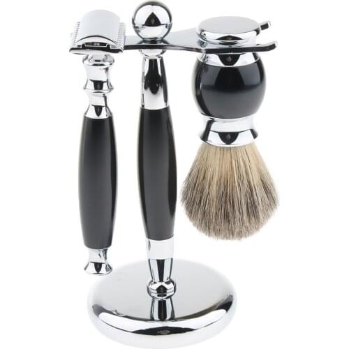 Manual Men Facial Beard Grooming Tool Set Including Shaving Brush Stand Holder Double Sided Safety Razor Black