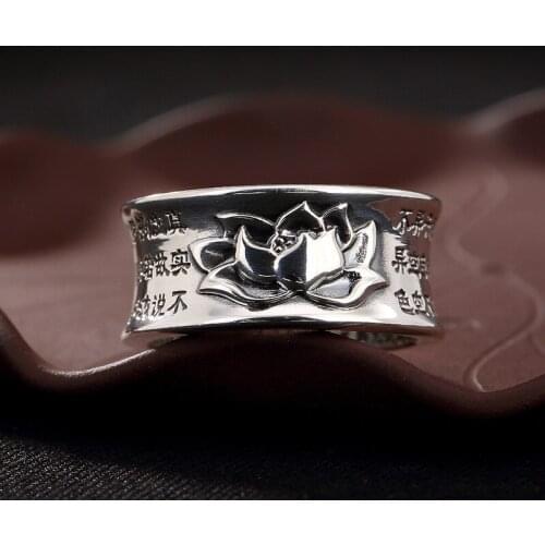S999 Pure Silver Lotus Heart Sutra Retro Embossed Adjustable Sterling Silver Ring Band Open Size