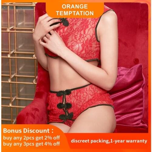 Sexy Lingerie Sets Cosplay Costumes Underwear Female Cheongsam Pajamas Bodysuits Lace Floral Knot Tops With Panties Home Clothes