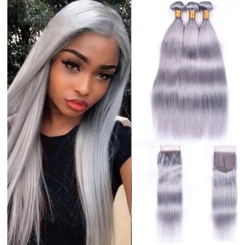 Grey Human Hair Bundles With Lace Closure Gray Straight Brazilian Remy Human Hair 3 4 Bundles With Lace Closure 26 28 30 Inch