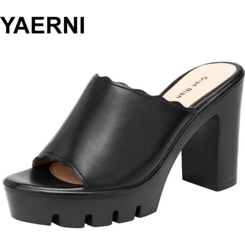 YAERNI Big Size 2021 Fashion Women High Heels Slippers Outside Block Heels Platform Slides Wedding Shoes Bride for Ladies Thick