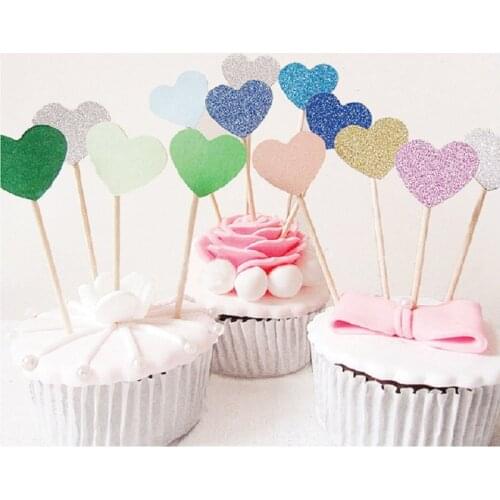 40pcs Multicolor Heart Shaped Cupcake Cake Topper Sticker Flag for Baby Shower Wedding Birthday Party Home Decoration Supplies