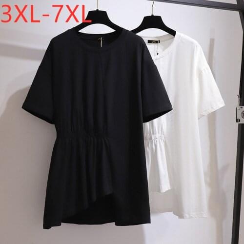 New 2021 Ladies Summer Plus Size Tops For Women Large Short Sleeve Loose Cotton Black Fold Long T-shirt 3XL 4XL 5XL 6XL 7XL