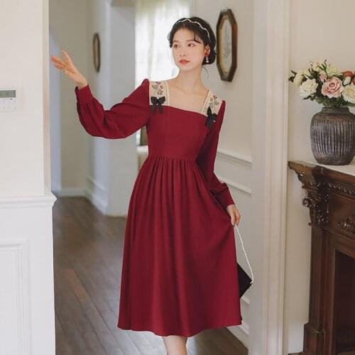 Dresses for women 2021 Bowknot Beaded Rose Embroidery Retro French Square Neck Vestidos Female Elegant Chic Cute Kawaii Dress
