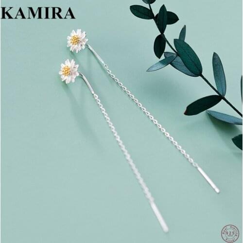 KAMIRA Real 925 Sterling Silver Fashion Sweet Long Link Chain Daisy Tassel Stud Earrings for Women Wedding Chic Jewelry Gift New