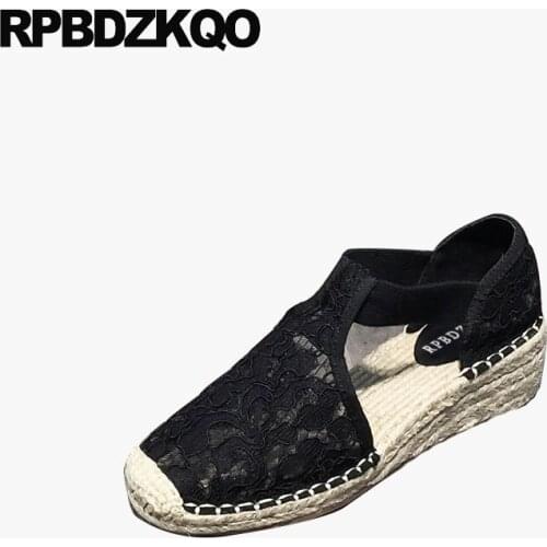 Black wedge casual round toe mesh t strap women fashion 2018 summer shoes size 4 34 korean runway lace medium heels high quality