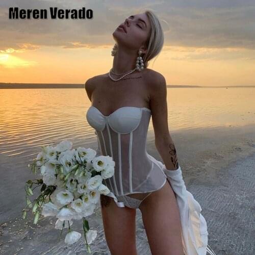 Meren Verado Womens Intimates Croset High Waist Mesh See Though Patchwork Lace Up Back Tube Tops 2021 New