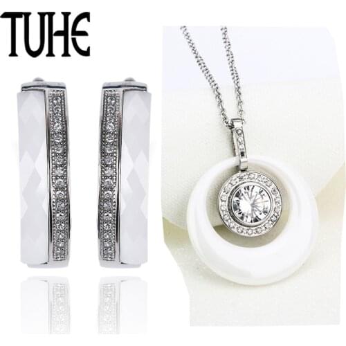 2018 Healthy Smooth Ceramic Round Shaped Jewelry Set Crystal Earrings Big Rhinestone Pendant Necklace For Women Wedding Ornament