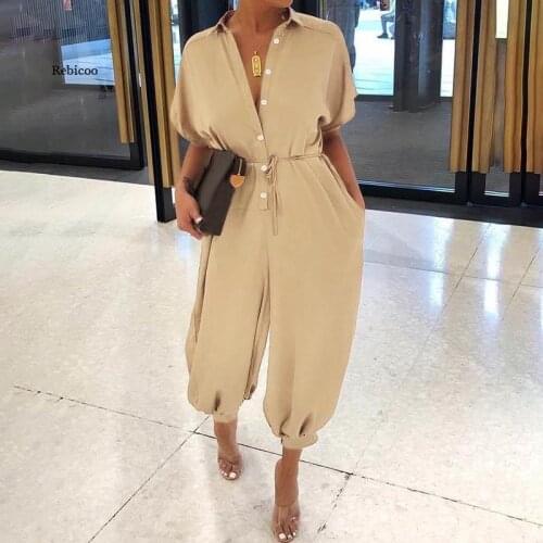 Women Vintage Jumpsuit Short Sleeve Long Romper Casual Loose Button Cargo Pants Summer One Piece Overalls Playsuit Plus Size