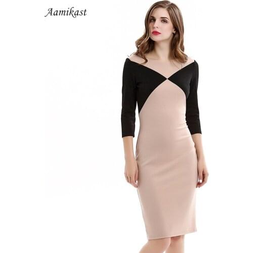 AAMIKAST Summer Women Dress New O-neck 3/4 Sleeve Sexy Patchwork Vintage Party Business Pencil Bodycon Dresses S M L XL XXL XXXL
