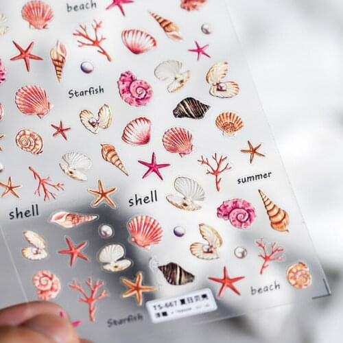 1 Sheet Sea Shell 3D Nail Sticker Acrylic Engraved Gel Nails Stickers Summer Nail Decal Nails Decorations