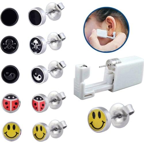 10 Pieces Disposable Ear Piercer Kit Surgical Steel Fashion Logo Stud Earring Safety Ear Piercing Unit Set Smile,YinYang,Beetle