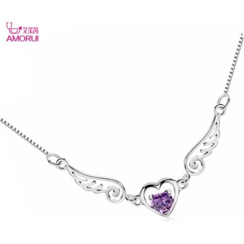 AMORUI Romantic Angel Heart Silver Color Pendant Necklace Love Charm Lady Necklace Jewelry Gift Angela Wing Choker