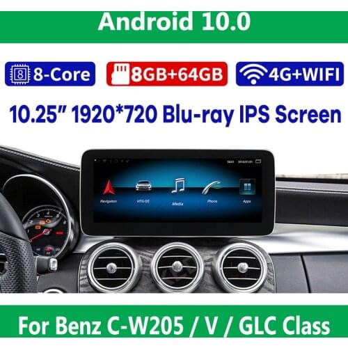 10.25" 8Core CPU 8G RAM Android 10 Car Radio GPS Multimedia Player for Mercedes Benz C Class W205 GLC-Class X253 V-Class W446