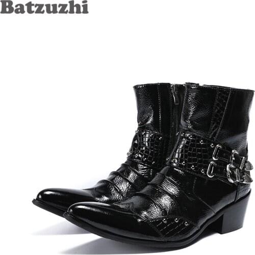 Batzuzhi Handmade Rock Men Boots Ankle Pointed Toe Black Genuine Leather Boots Men with Buckles 6.5cm Heels Military Shory Boots