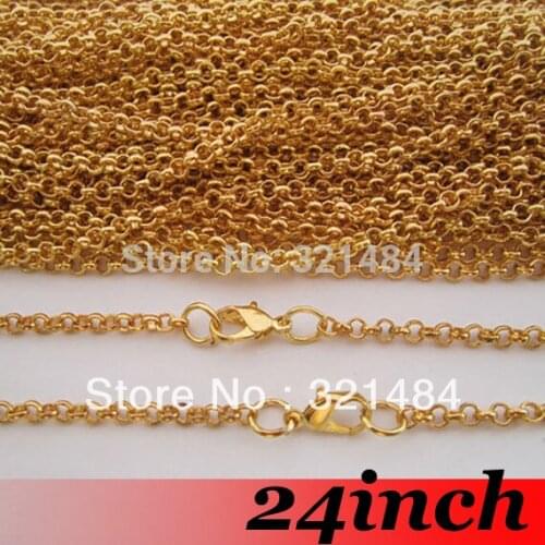 Free Ship! 100PCS 3mm 24 inch Gold Plated Metal Jewelry Link Rolo Chain Necklace With Lobster clasp