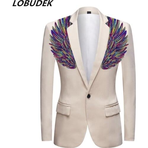 Nightclub Bar Male Singer Sequins Blazers Wings Performance Costume One Button Slim Fit Casual Suit Jacket Host Stage Clothes
