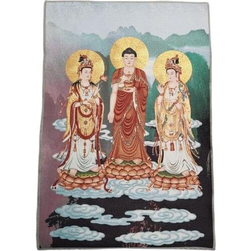 China Old Tibet Silk Thang Ka Like Hanging Painting Fengshui Three Sacred Buddha Guanyin God Statue Portrait