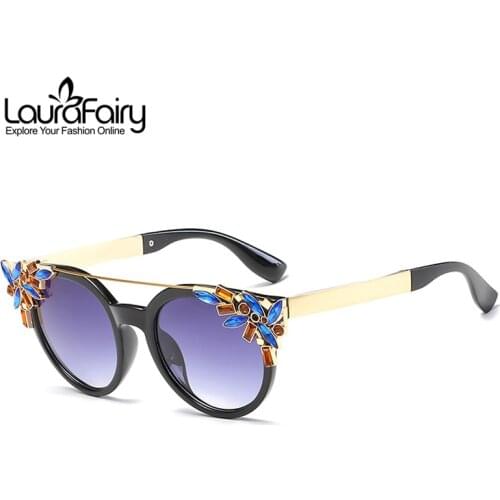 Laura Fairy Fashion Transparent Frame Round Sunglasses Colorful Rhinestone Decoration Double Bridge UV400 Women Sunglasses A6697
