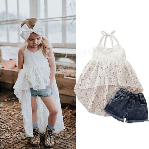 Summer Fashion Kids Girl Clothes Sets Lace Mesh Halter Tie Up Sundress White Backless Dress Ripped Jeans Shorts Girl Outfit 1-6Y
