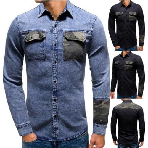 20021 Mens Chest Pockets Camouflage Denim Shirt Long-Sleeved Cotton Washed Denim Shirts Streetwear