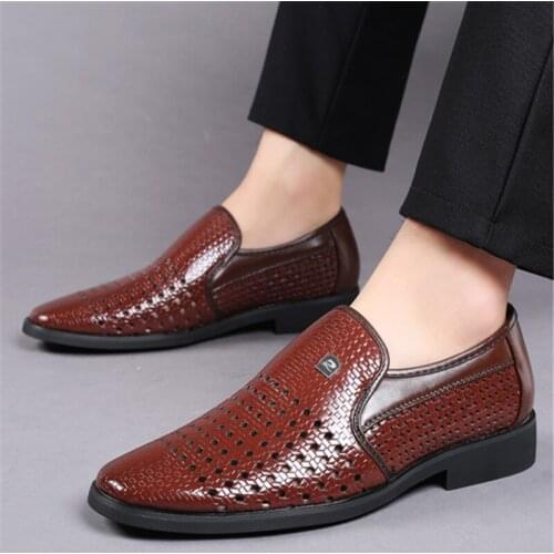 Cow Leather Mens Casual Fashion Hollow Out Summer Sandals Breathable Black Business Formal Shoes Slip-On Loafers Footwear