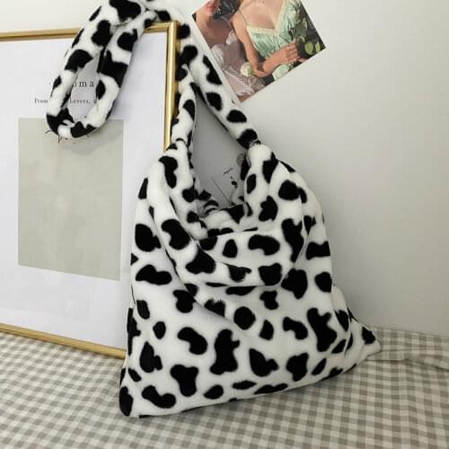 Soft Plush Women Furry Messenger Bag Cow Pattern Ladies Small Tote Shoulder Bags Winter Fashion Female Girls Purse Handbags