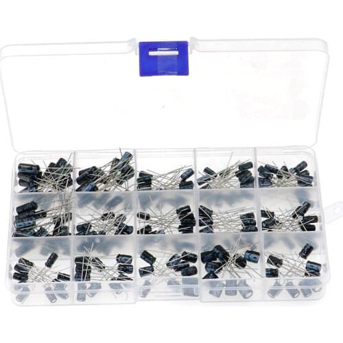 200pcs 15value 0.1-220uF Aluminium Electrolytic Capacitors Assortment Storage Box Kit 10V 16V 25V 50V