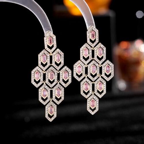 New 2021 Fashion Luxurious AAA Zircon Pink Cube Long Hanging Earrings Designer Simple For Women Tassel Trendy Jewelry