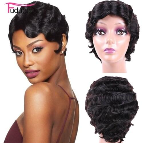 Fuduete Finger Wave Wig Short Pixie Cut Wig Human Hair Full Machine Made Wig Brazilian Hair Wigs No Glue Remy Natural Hair