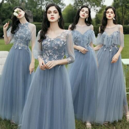Bridesmaids Dresses Illusion Off The Shoulder Floor-Length Luxury O-Neck Embroidery A-Line Tulle Women Wedding Party Gown E157