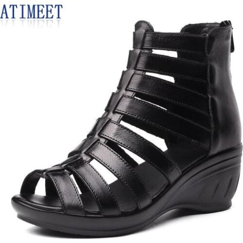 Women Summer Solid Color Leather Shoes Fashion Female High (5 cm-8 cm) Outside Gladiator Sandals