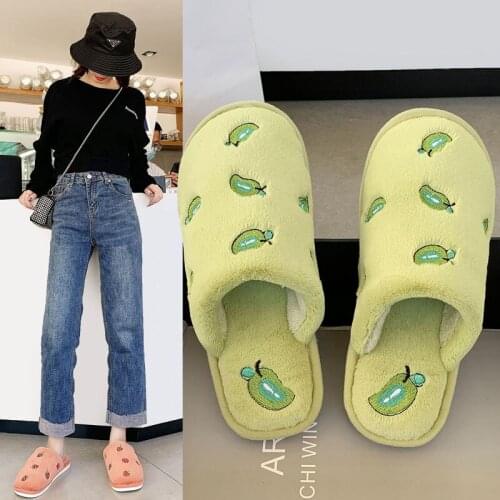 Lovely Fruit Cotton Slippers Women Winter New Home Plush Slides Warm Indoor Ladies Silent Cozy Short Plush Sandals Shoes