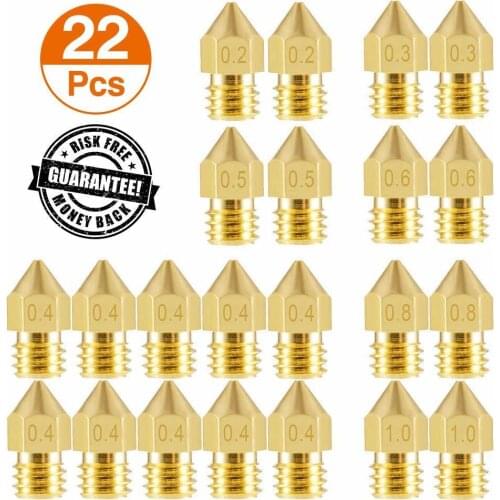 22 Pieces 3D Printer Nozzles MK8 Extruder Nozzle 0.2/0.3/0.4/0.5/0.6/0.8/1.0mm Brass Extruder Print Head for 3D Printer Anet A8