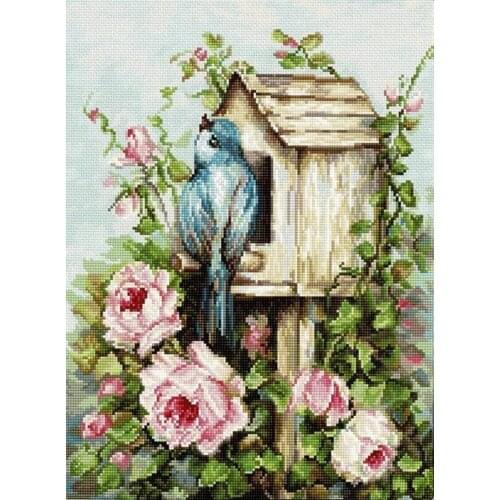 Modern Embroidery Birdhouse with Roses Counted Cross Stitch Patterns Free with 100% Cotton Floss & Free Shipping for Wall Decor