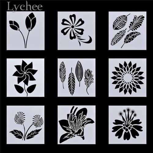 Lychee Life 9pcs Floral Pattern Stencils DIY Craft Layering Stencils for Scrapbooking Album Decoration Card Template