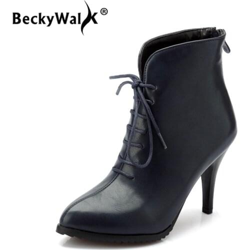 BeckyWalk Vintage Women Boots Back Zipper High Heels Ankle Boots Pointed Toe Sexy Ladies Shoes Winter Shoes Woman 40-45 WSH3039