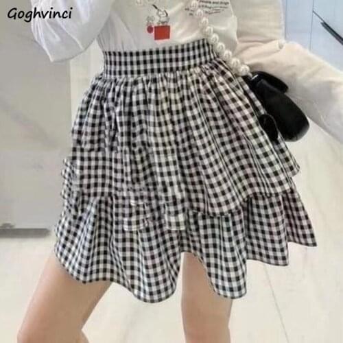 Skirts Women Mini Kawaii Plaid High Waist Ruffles Pleated Summer Elastic All-match Elegant Fashion Korean Style Bottom Female