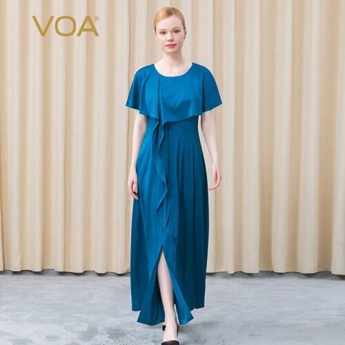 VOA Lake Blue Mulberry Silk Elastic Twill Round Neck Ruffled Asymmetric Shawl Short Sleeve Long Style Vent Woman Dress AE755