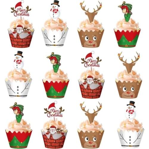 24pcs/set Christmas Paper Cupcake Wrapper Santa Claus Cake Toppers for Christmas Xmas New Year Birthday Party Cake Decoration