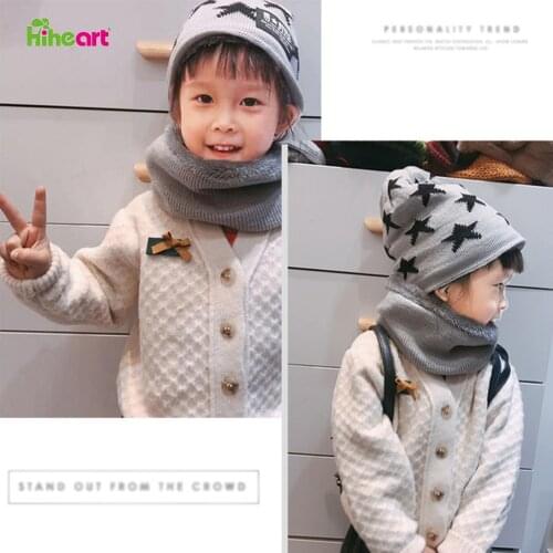 Hiheart Kids Hat Scarf Two-Piece Boy Girl Balaclava Wool Hat Keep Warm Plush Knitted Cap Children Autumn Winter Ring Scarf Sets