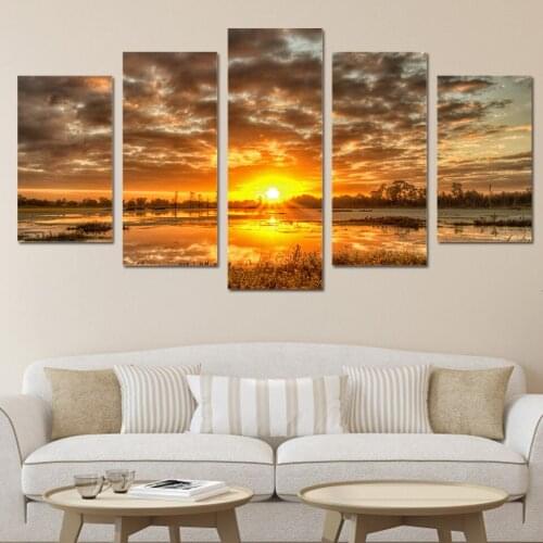 Hd Modern Canvas Painting Home Wall Art Decor Modular Picture 5 Pieces Early Morning Sunrise Lake Landscape Painting Frameless