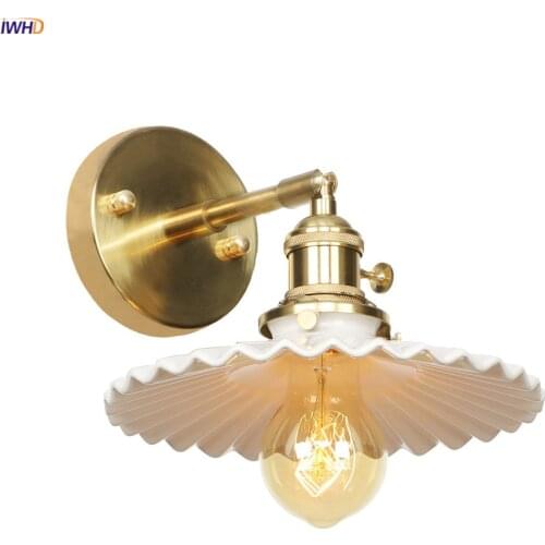 IWHD Nordic White Ceramic LED Wall Light Switch Bedroom Stair Bathroom Mirror Vintage Copper Wall Lamps Sconce Applique Murale